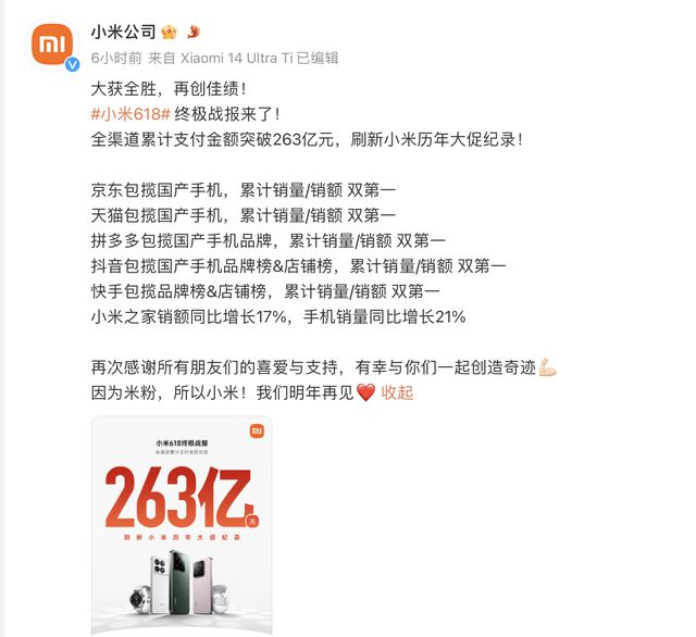 263亿！小米领跑618包揽四大平台双第一米家空调卖爆了！(图2)