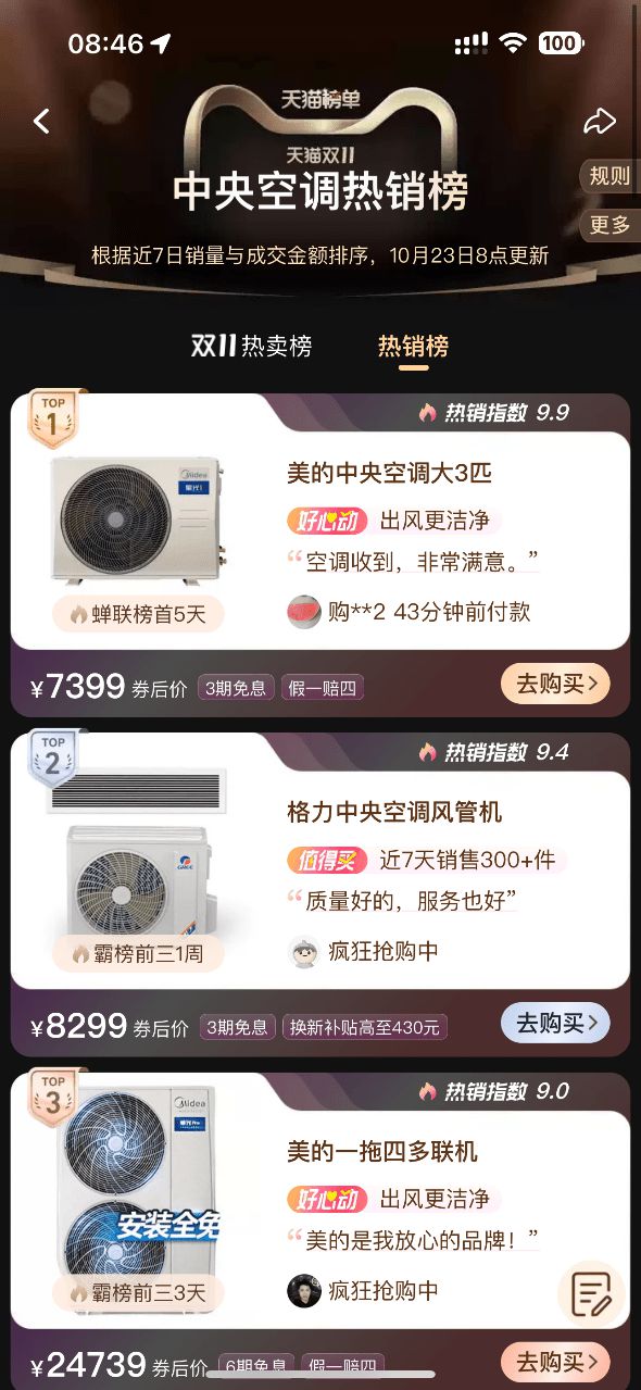 双十一首波榜单揭晓美的风管机为什么这么火
